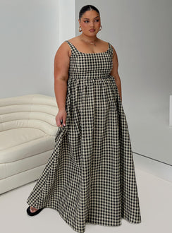 front view of model wearing Princess Polly Cartmel Check Maxi Dress Black / Cream Curve Square Neck 