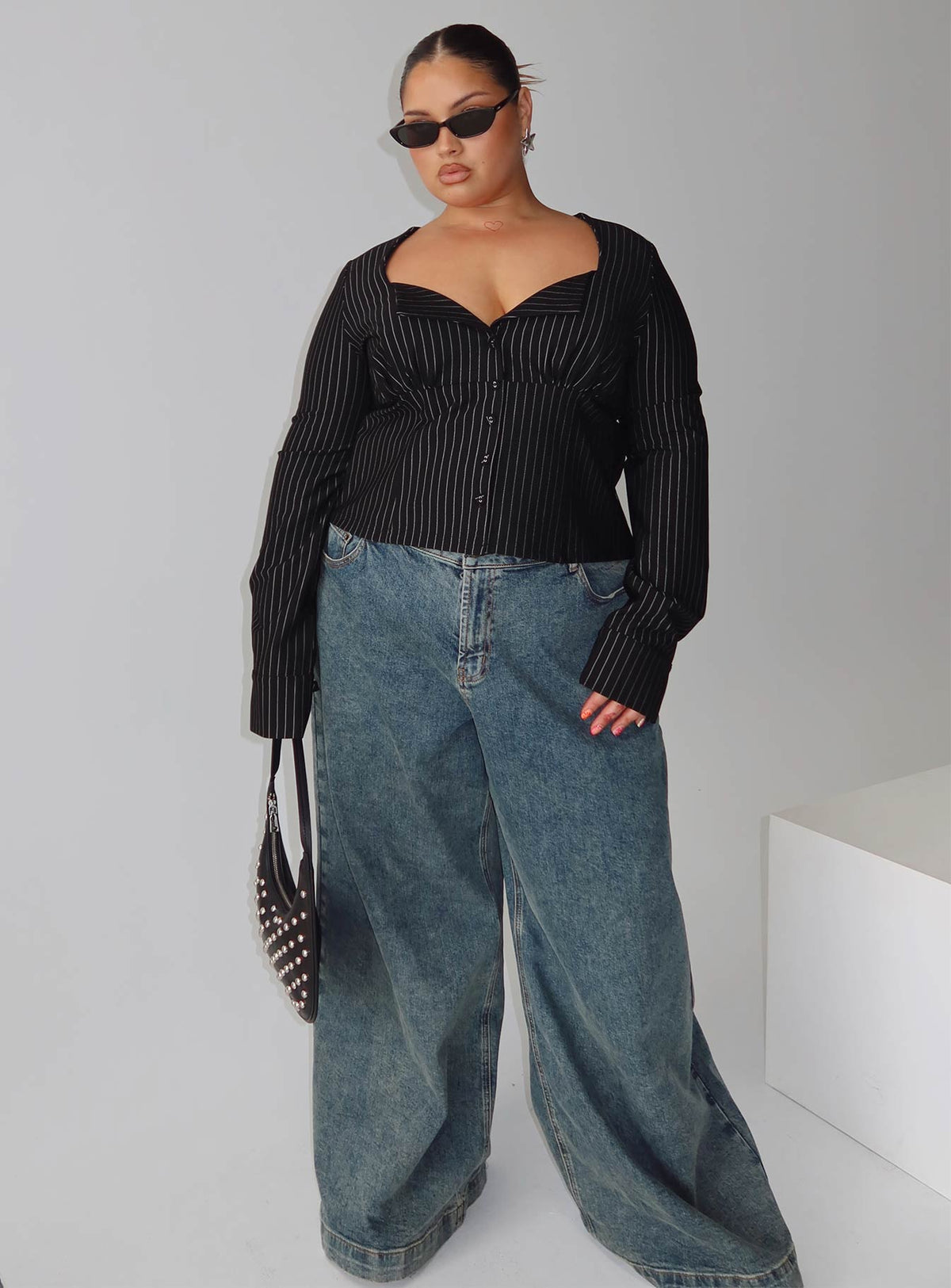 front view of model wearing Princess Polly Set For Life Foldover Detail Long Sleeve Top Black / White Pinstripe Curve Full Sleeves Sweetheart 