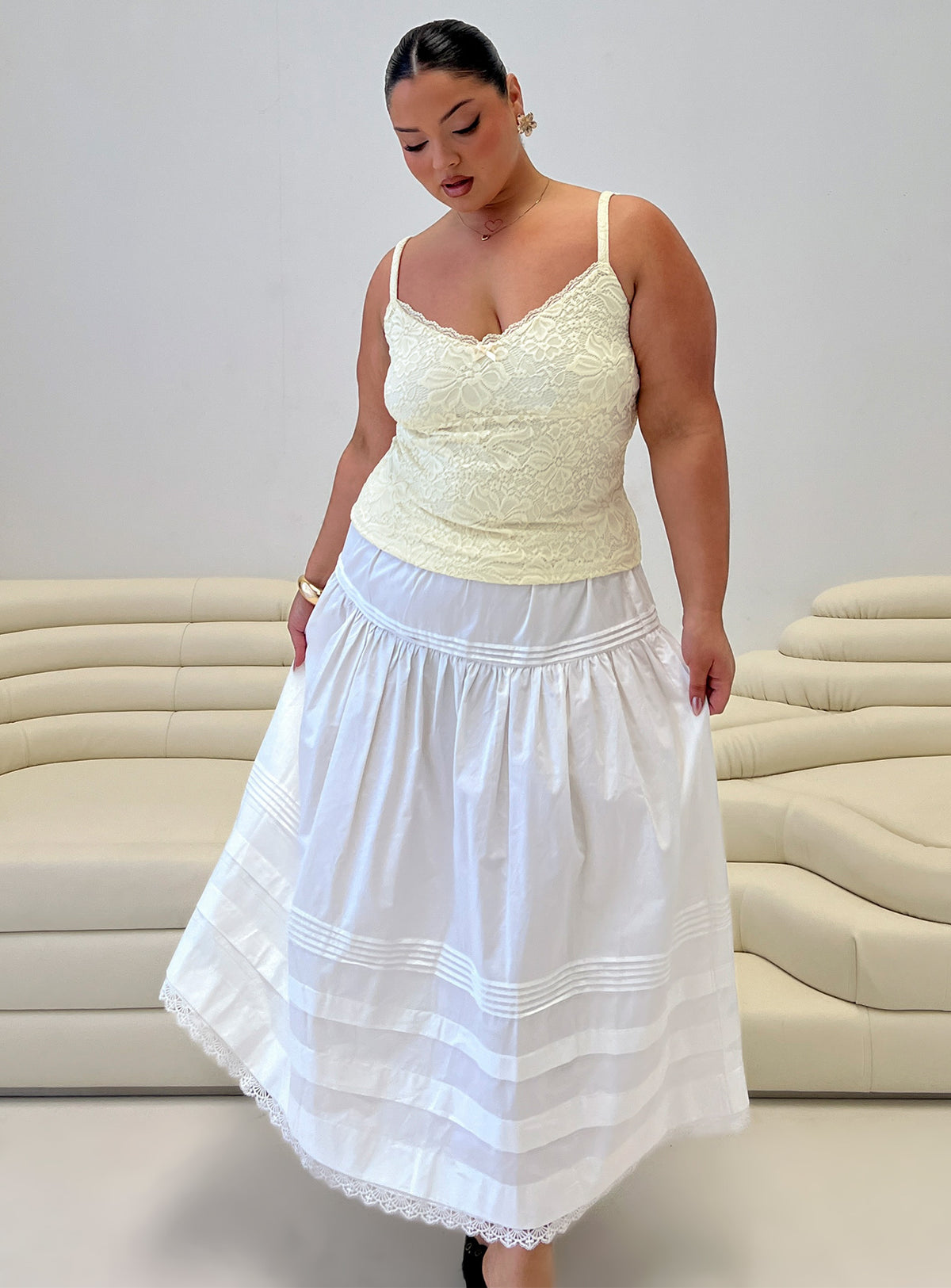 back view of model wearing Princess Polly Calling For You Flowy Maxi Skirt White Curve Maxi Skirts Skirts 