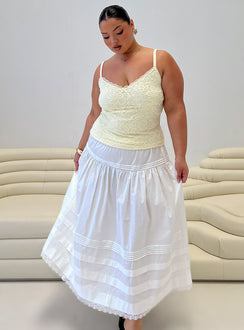 back view of model wearing Princess Polly Calling For You Flowy Maxi Skirt White Curve Maxi Skirts Skirts 