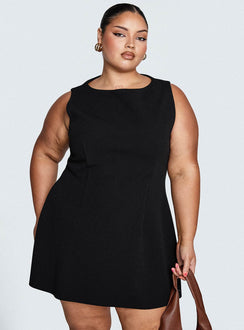 back view of model wearing Princess Polly Anse Mini Dress Black Curve Crew Neck 