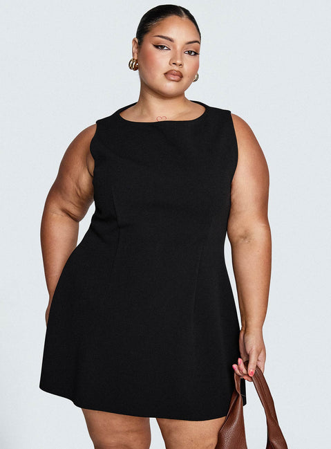back view of model wearing Princess Polly Anse Mini Dress Black Curve Crew Neck 
