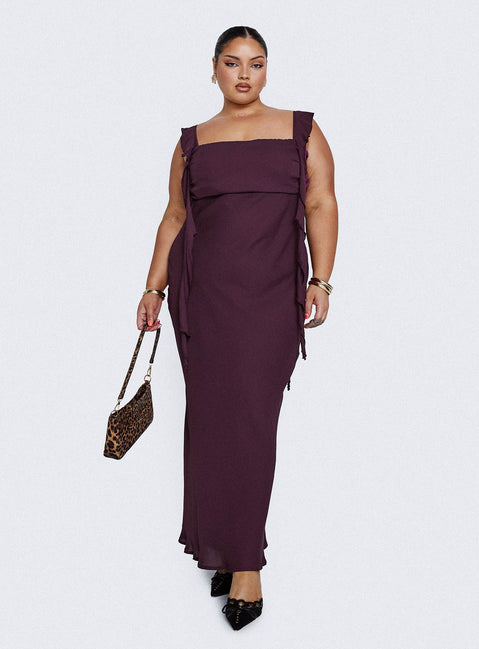 back view of model wearing Princess Polly Lanai Maxi Dress Plum Curve Square Neck 