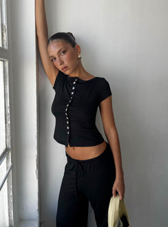 Angellina Jersey Button Down Top Black