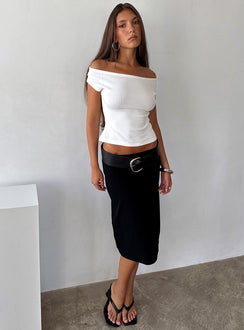   side view of model wearing Princess Polly Baseline Rib Midi Skirt Black Midi Skirts Skirts 