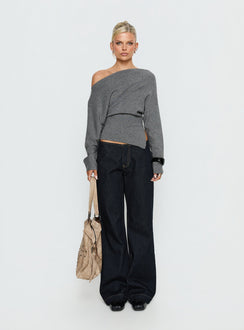 Showcasing the Kaelith Off shoulder Knit Sweater Dark Grey in womens-jumpers with short length front view of model wearing Princess Polly