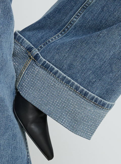 product Princess Polly Ramos Diamante Low Rise Wide Leg Jeans Washed Mid Blue Low Rise Jeans Jeans 