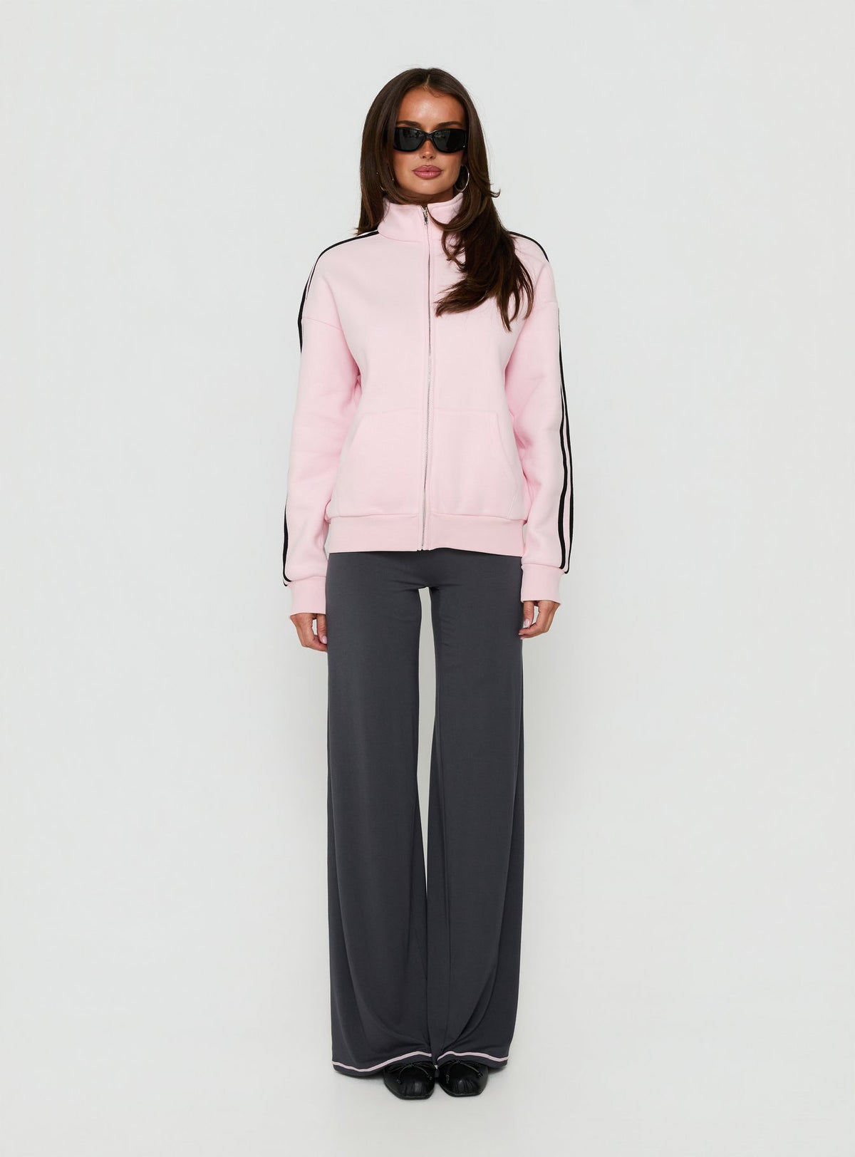 Featuring the Keeran Funnel Neck Fleece Jumper Pink / Black womens jumpers with long length and oversized high-neck design Princess Polly