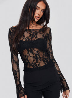 front view of model wearing Princess Polly Junah Sheer Lace Long Sleeve Top Black Full Sleeves Boat Neck 