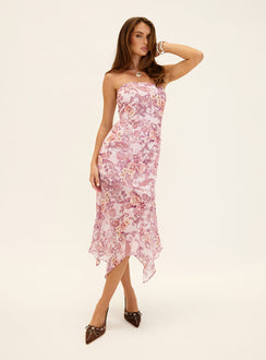 Coralis Strapless Asymmetrical Midi Dress Pink Paisley