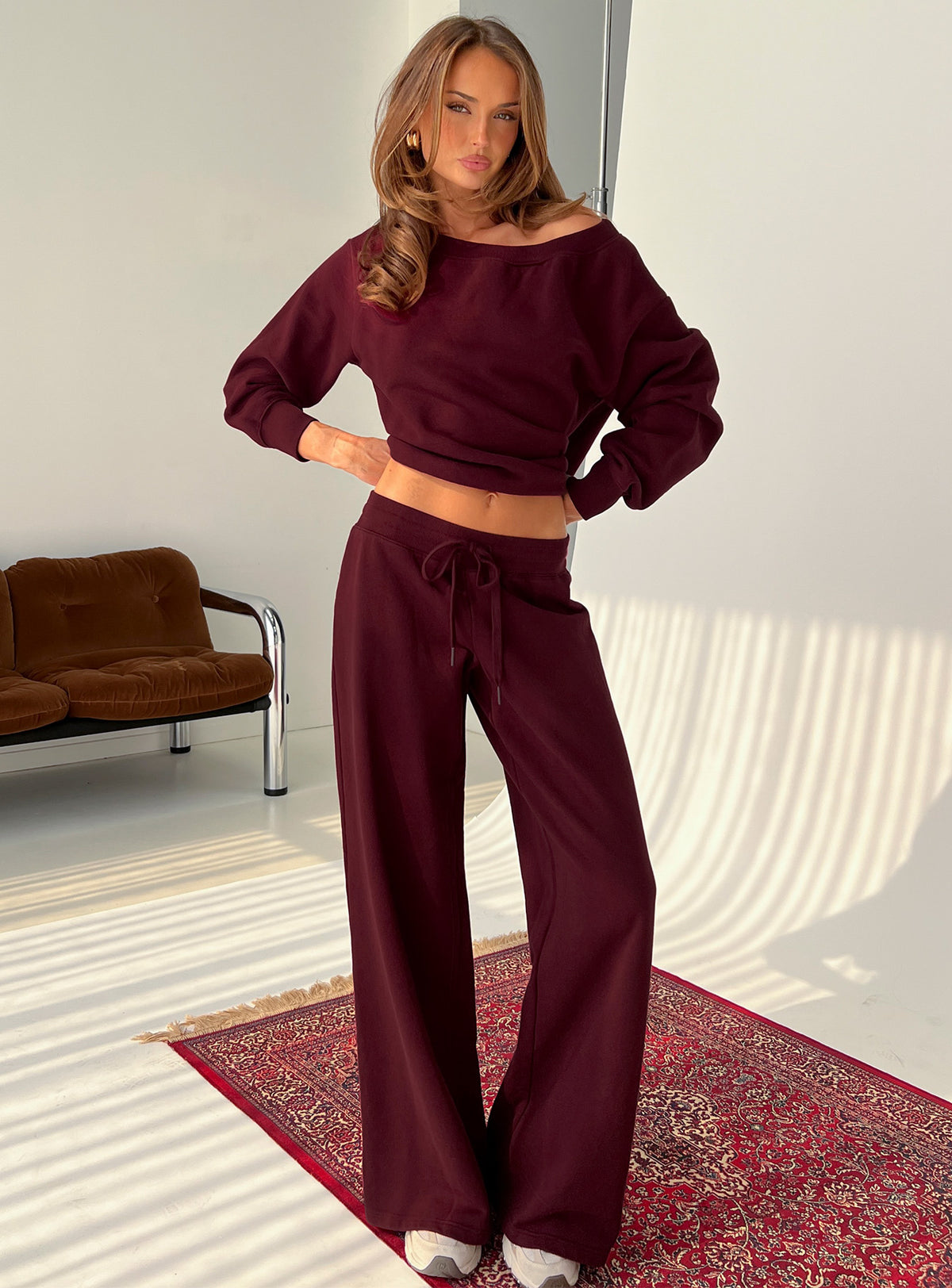 front view of model wearing Princess Polly Dodie Wide Leg Pants Washed Currant Mid Rise Pants Pants 