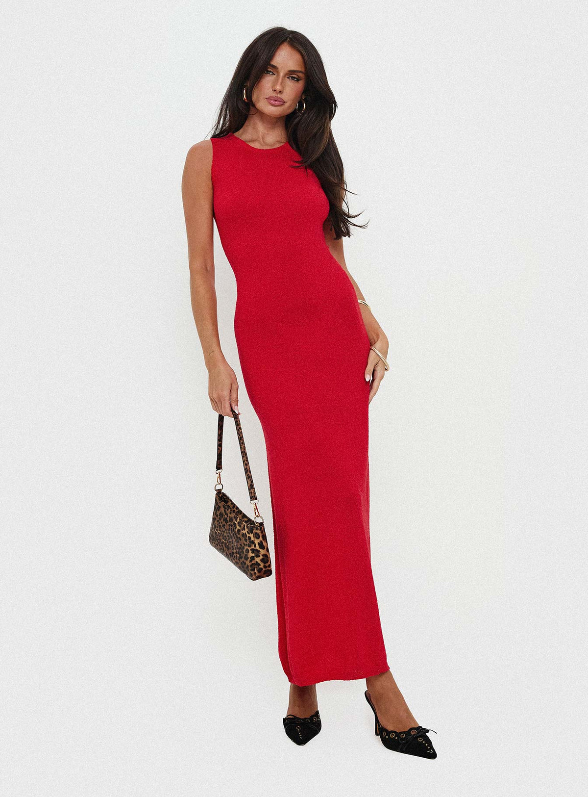 front view of model wearing Princess Polly Maebie Knit Maxi Dress Red Crew Neck 