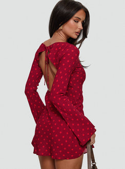 back view of model wearing Princess Polly Good Graces Long Sleeve Mini Dress Red Dot Boat Neck 