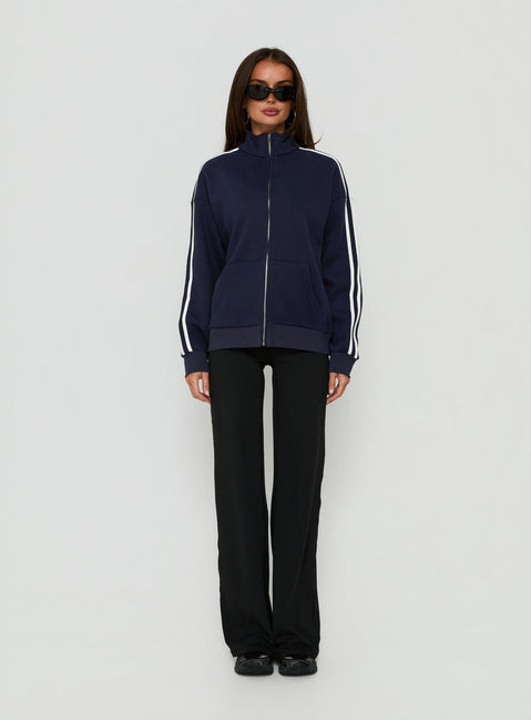 Featuring the Keeran Funnel Neck Fleece Jumper Navy / White womens jumpers in short length front view of model wearing Princess Polly