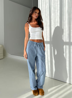 front view of model wearing Princess Polly Veridian Pants Blue Stripe Mid Rise Pants Pants 