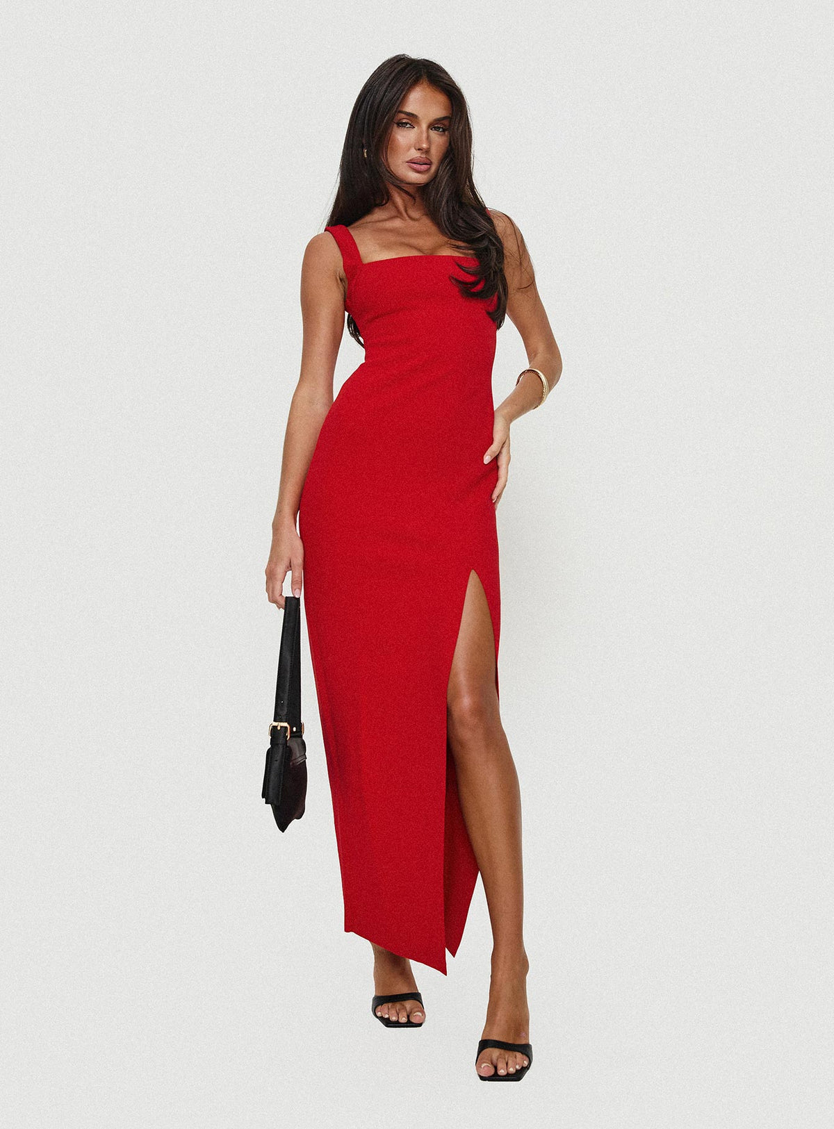 front view of model wearing Princess Polly Bombshell Maxi Dress Red Square Neck 