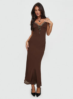 front view of model wearing Princess Polly Moorey Maxi Dress Brown Plunger 