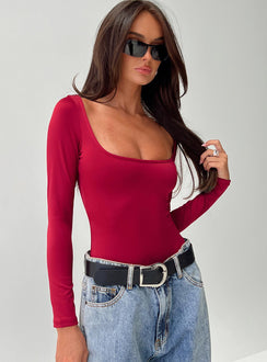 back view of model wearing Princess Polly Ellery Bodysuit Red Long Sleeve Tops Bodysuit 