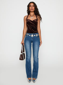 back view of model wearing Princess Polly Ruelle Halter Bodysuit Brown Sleeveless Bodysuit 