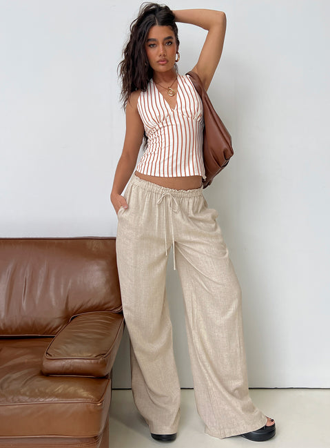 front view of model wearing Princess Polly Seascape Oversize Tie Pants Natural High Rise Pants Pants 