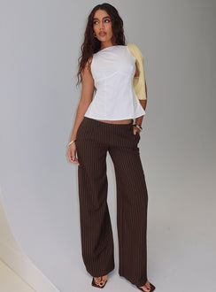 Showcasing Khane Low Rise Wide Leg Pant Brown Pinstripe Petite in womens regular pants front view of model wearing