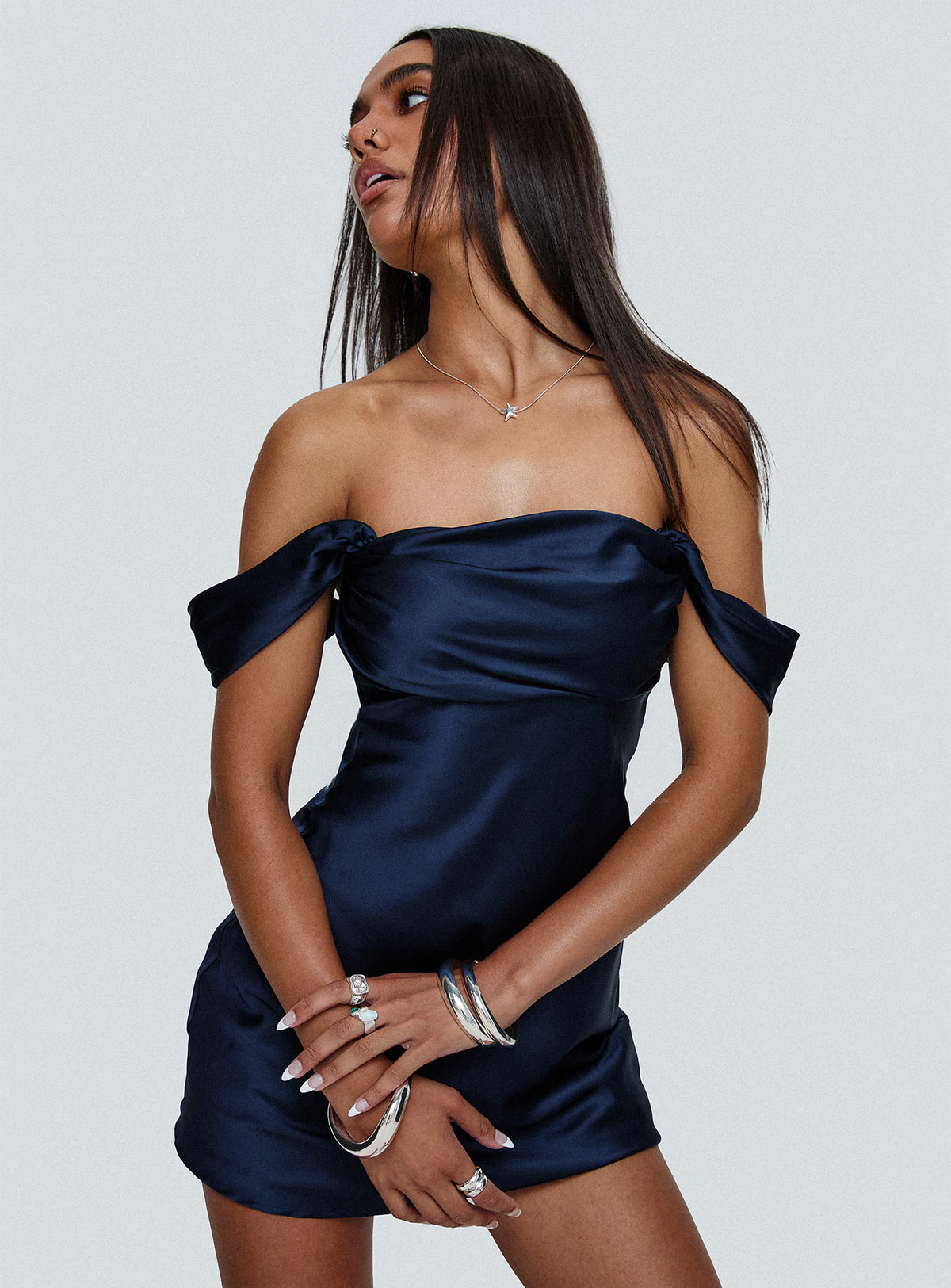 front view of model wearing Princess Polly Zabbarra Off The Shoulder Mini Dress Navy Square Neck 