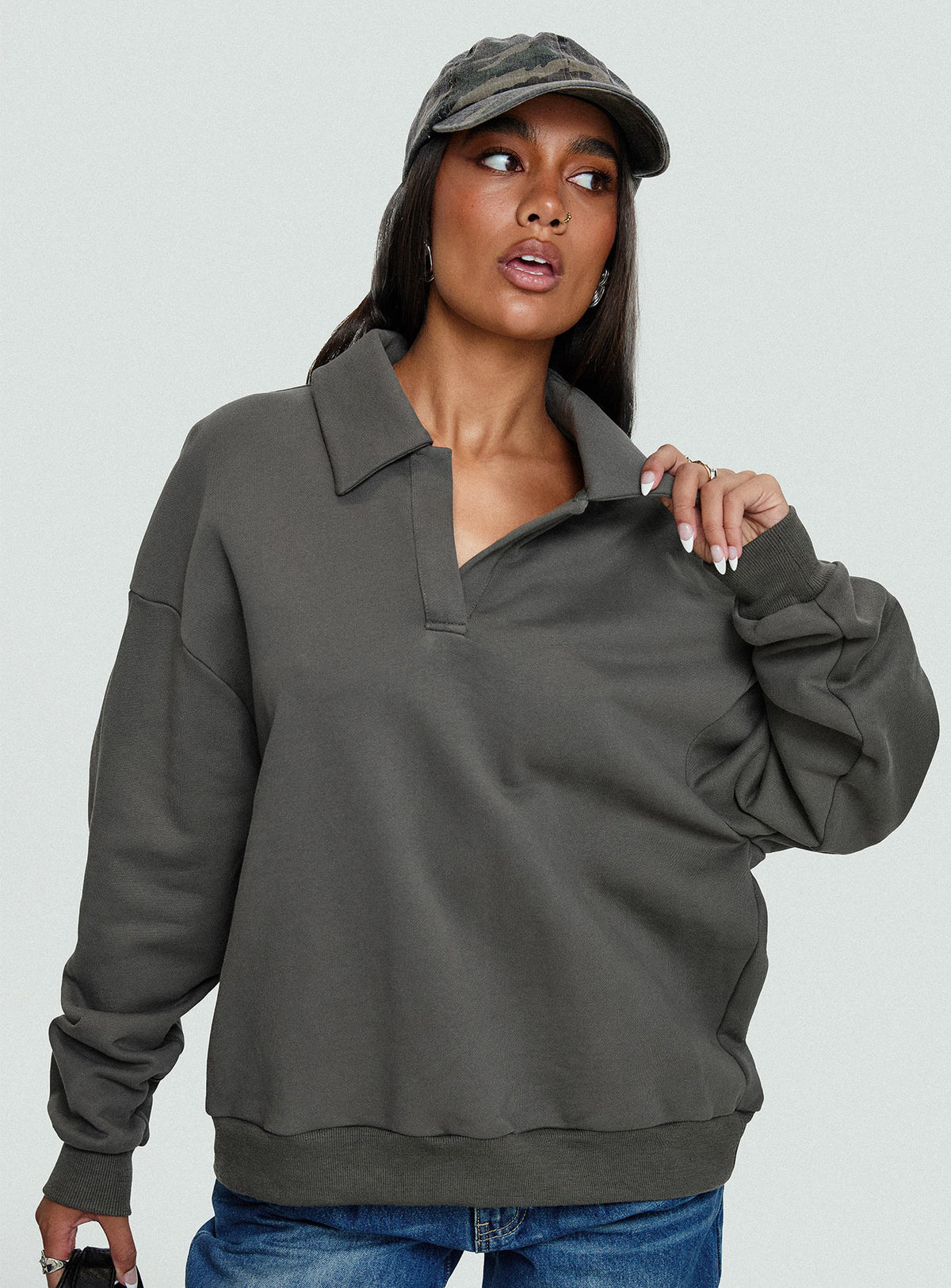 front view of model wearing Princess Polly Back Around Collared Fleece Jumper Slate Jumpers 