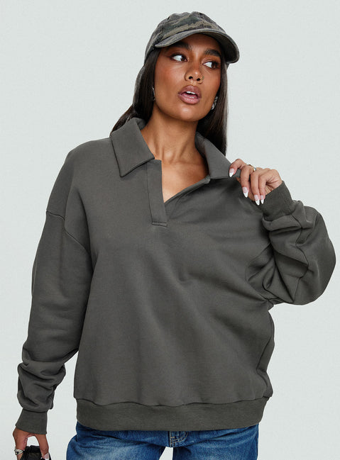 front view of model wearing Princess Polly Back Around Collared Fleece Jumper Slate Jumpers 