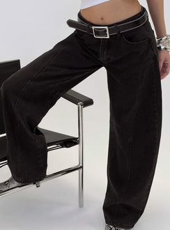 Lost Track Mid Rise Barrel Leg Jeans Washed Black Mid Rise Jeans Jeans 