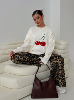 Showcasing the Cherry Dreams Knit Jumper Cream womens jumpers with long styling on-body view of model wearing Princess Polly