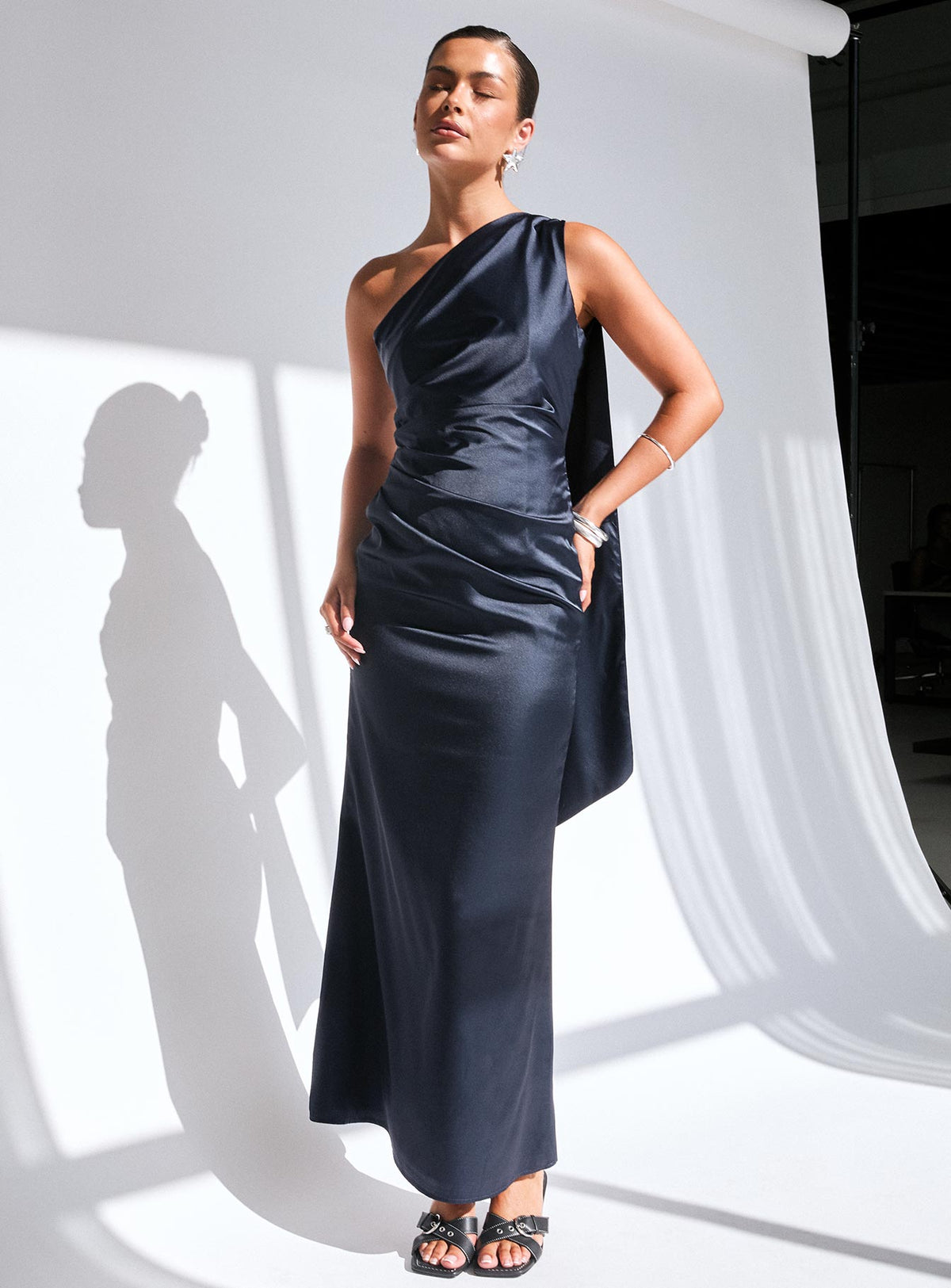 front view of model wearing Princess Polly Dulcia One Shoulder Maxi Dress Blue Asymmetric Neckline 