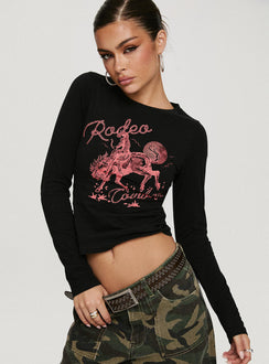 front view of model wearing Princess Polly Rodeo Cowboy Long Sleeve Top Washed Wine Full Sleeves Crew Neck 
