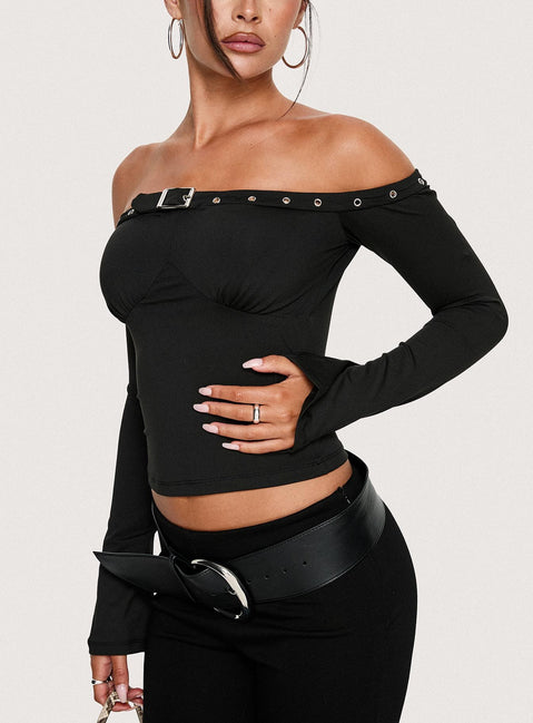 Mansa Off Shoulder Buckle Detail Top Black