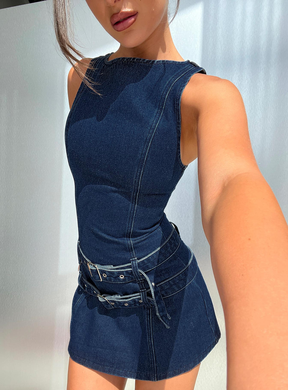 Kainer Denim Buckle Mini Dress Dark Blue Wash