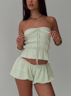 front view of model wearing Princess Polly Short And Sweet Strapless Top Green Check Sleeveless straight 