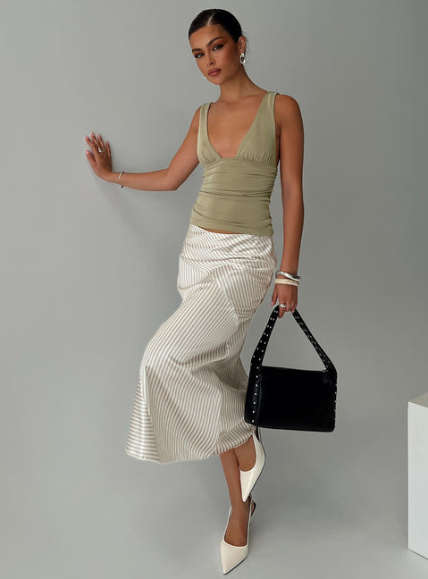   side view of model wearing Princess Polly Priscella Asymmetrical Midi Skirt Multi Midi Skirts Skirts 