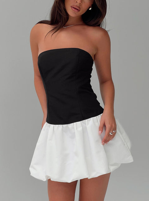 side view of model wearing Princess Polly Delicacies Bubble Hem Mini Dress Black / White Straight Neck 