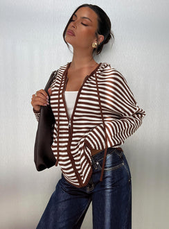 side view of model wearing Princess Polly Brienna Zip Jacket Brown Jumpers 