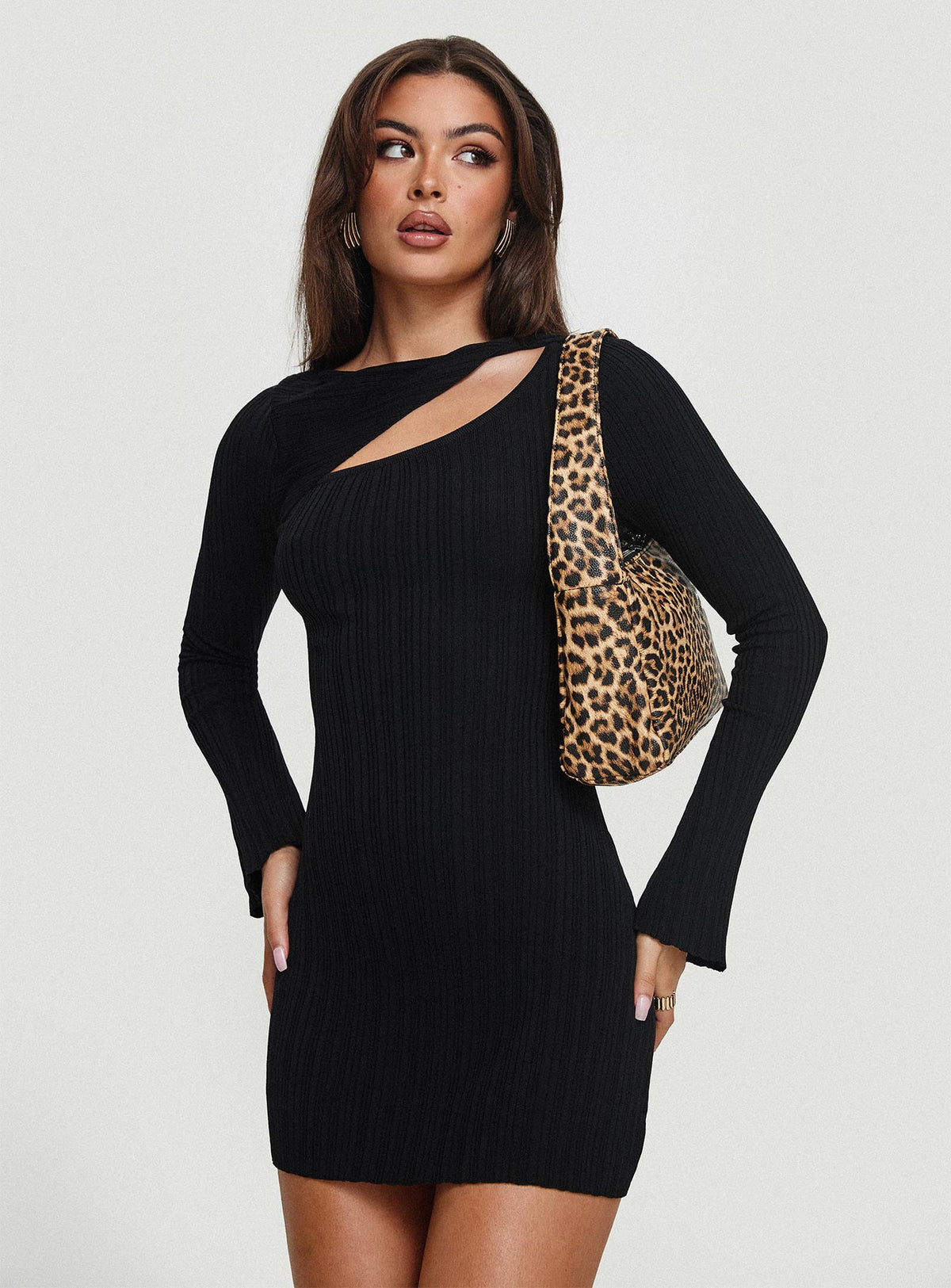 front view of model wearing Princess Polly Cookson Mini Dress Black High Neck 