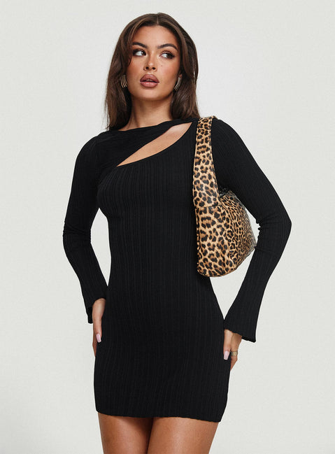 front view of model wearing Princess Polly Cookson Mini Dress Black High Neck 
