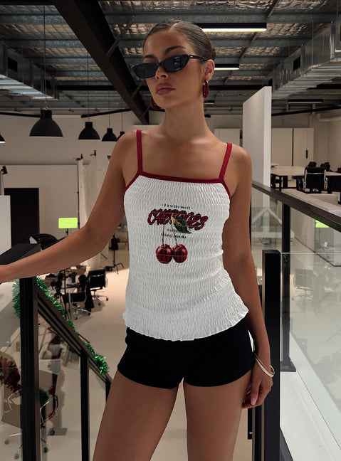 back view of model wearing Princess Polly Cherrie Ties Shirred Graphic Top White Sleeveless Square Neck 