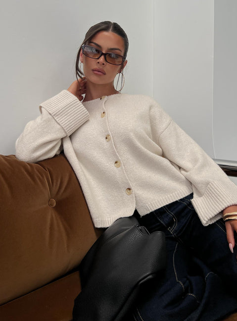 side view of model wearing Princess Polly Shinead Cuffed Knit Cardigan White Cropped Jumpers Jumpers 
