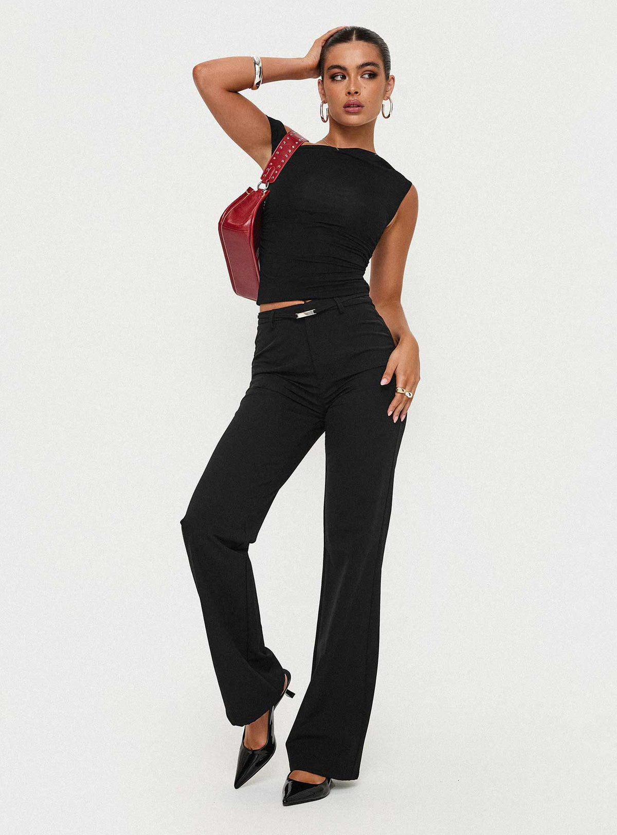 front view of model wearing Princess Polly Flounce Pants Black High Rise Pants Pants 