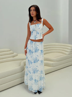   side view of model wearing Princess Polly Modern Girl Maxi Skirt White / Blue Floral Maxi Skirts Skirts 