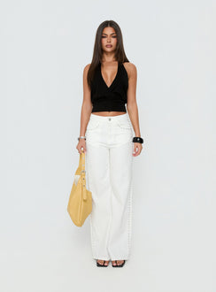 Featuring the Saving Up Mid Rise Straight Leg Studded Jeans White in womens-jeans with silver studded details front view of model wearing Princess Polly