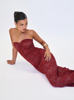 back view of model wearing Princess Polly Hailees Lace Strapless Maxi Dress Red Sweetheart Neckline 