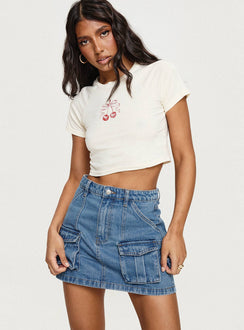   side view of model wearing Princess Polly Chillders Denim Mini Skirt Mid Wash Tall Mini Skirts Skirts 