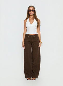 front view of model wearing Princess Polly Lando Low Rise Straight Leg Jeans Chocolate Mid Rise Jeans Jeans 