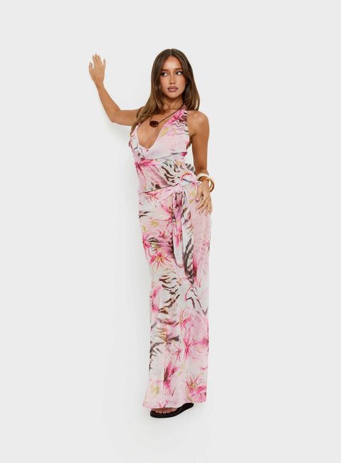   side view of model wearing Princess Polly Karzi Chiffon Maxi Skirt Pink Floral Maxi Skirts Skirts 