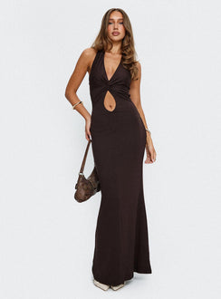 front view of model wearing Princess Polly No Hard Feelings Twist Maxi Dress Brown Plunger 
